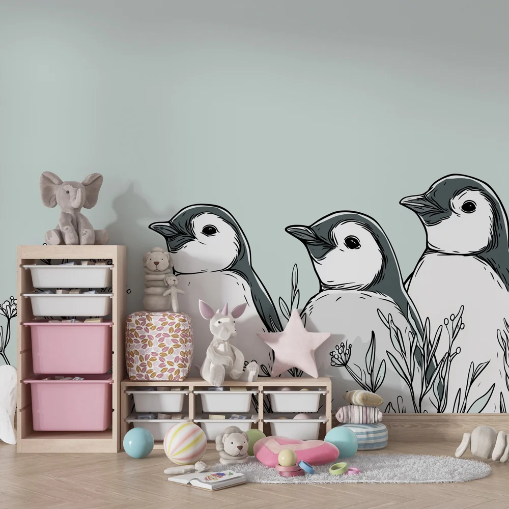 Lastenhuoneen tapetti | Suloiset pienet pingviinit luonnossa