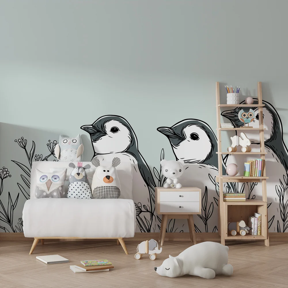 Lastenhuoneen tapetti | Suloiset pienet pingviinit luonnossa