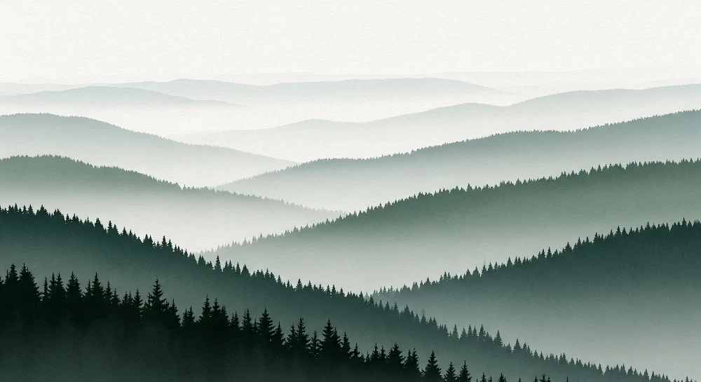 Lastenhuoneen tapetti | Sumuinen metsä ja panoraaman vuoret