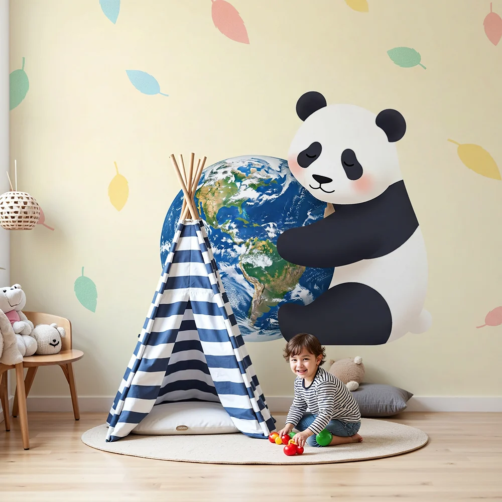 Lastenhuoneen tapetti | Syleilevä panda maapallolla värikkäiden lehtien kanssa