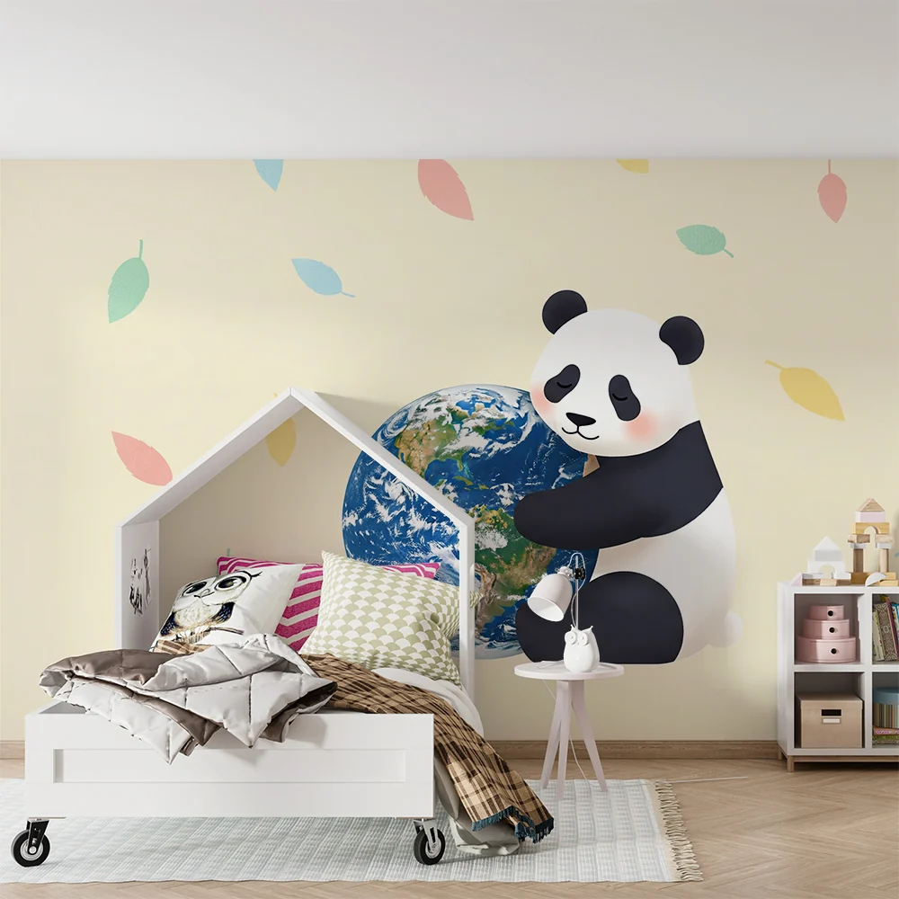 Lastenhuoneen tapetti | Syleilevä panda maapallolla värikkäiden lehtien kanssa