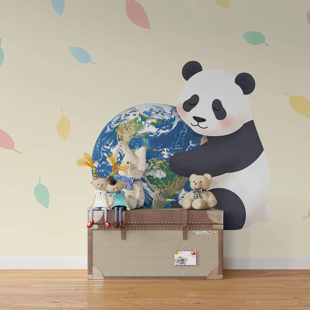 Lastenhuoneen tapetti | Syleilevä panda maapallolla värikkäiden lehtien kanssa