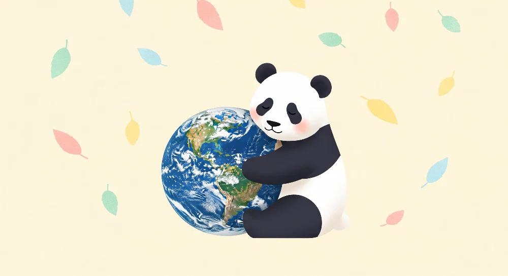 Lastenhuoneen tapetti | Syleilevä panda maapallolla värikkäiden lehtien kanssa