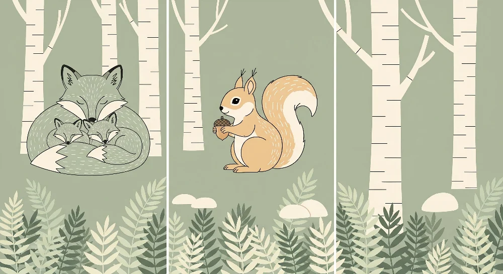 Lastenhuoneen tapetti | Syleilevät kettu ja orava rauhoittavassa metsässä