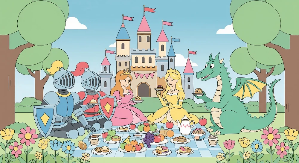 Lastenhuoneen tapetti | Taikapiknik ritareiden, prinsessojen ja lohikäärmeen kanssa
