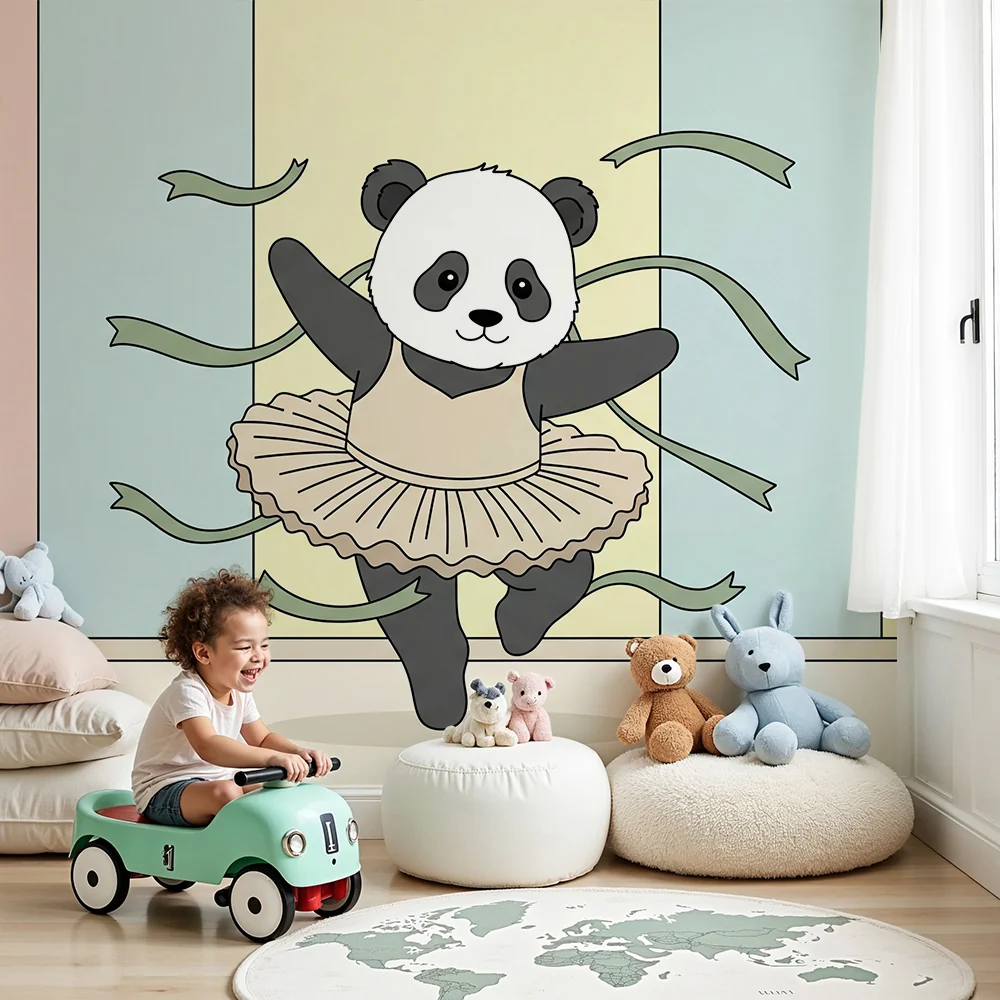 Lastenhuoneen tapetti | Tanssiva panda värikkäillä nauhoilla