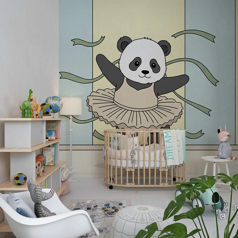 Lastenhuoneen tapetti | Tanssiva panda värikkäillä nauhoilla