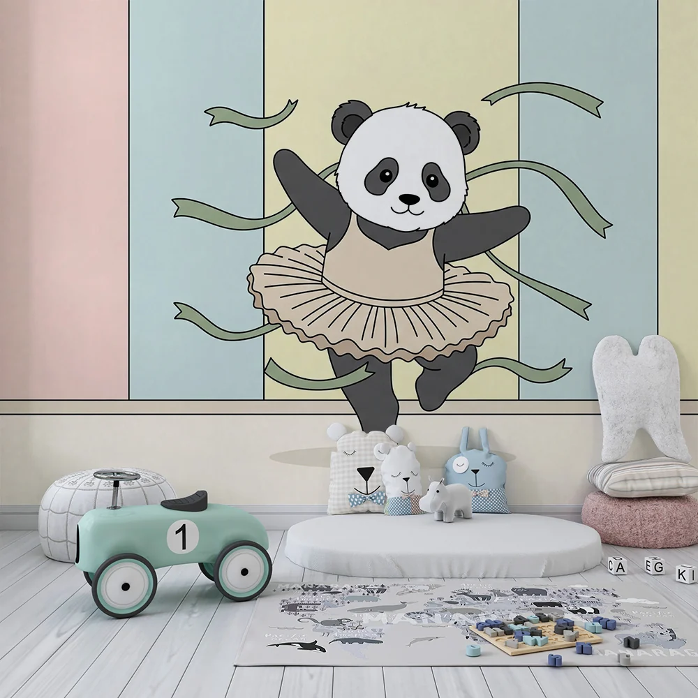 Lastenhuoneen tapetti | Tanssiva panda värikkäillä nauhoilla
