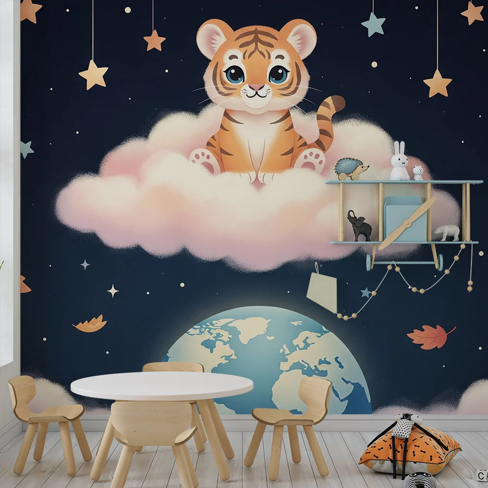 Lastenhuoneen tapetti | Söpö tiikeri pilvellä tähtien ja lehtien kanssa