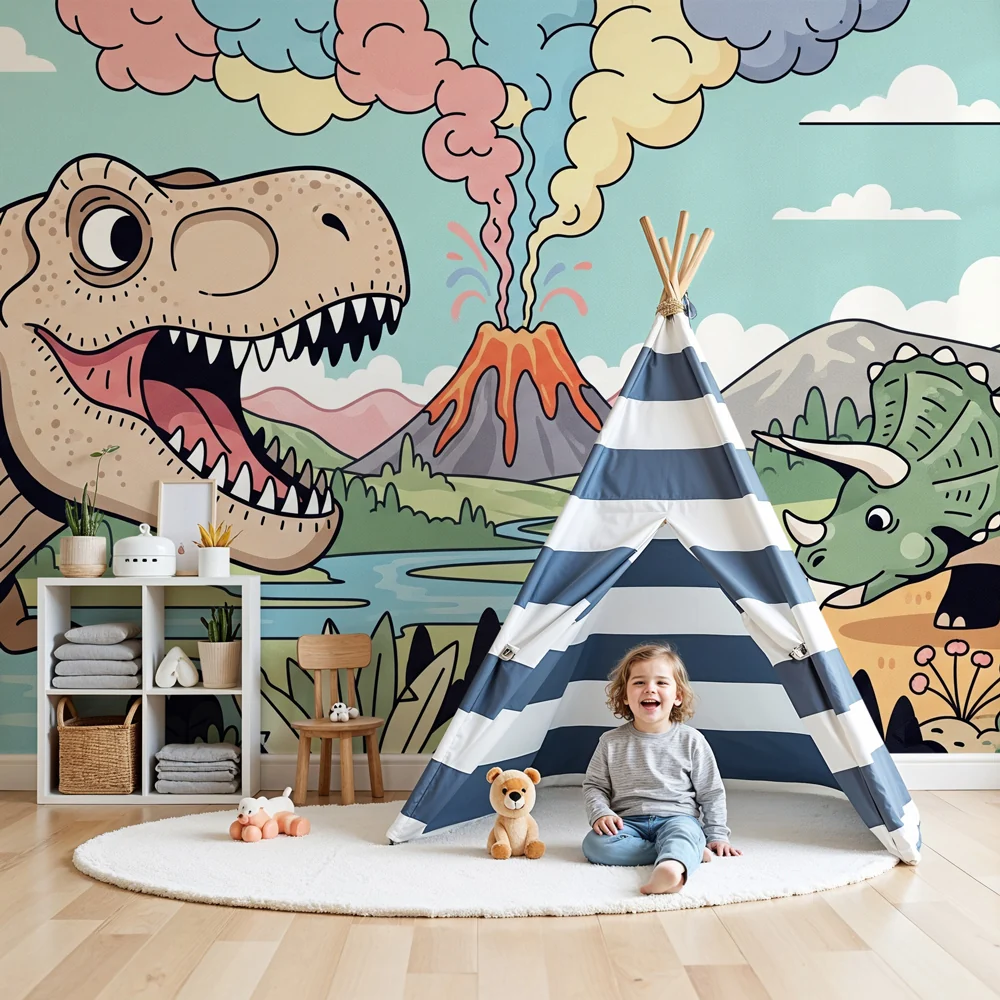 Lastenhuoneen tapetti | T-Rex ja monivärinen tulivuori