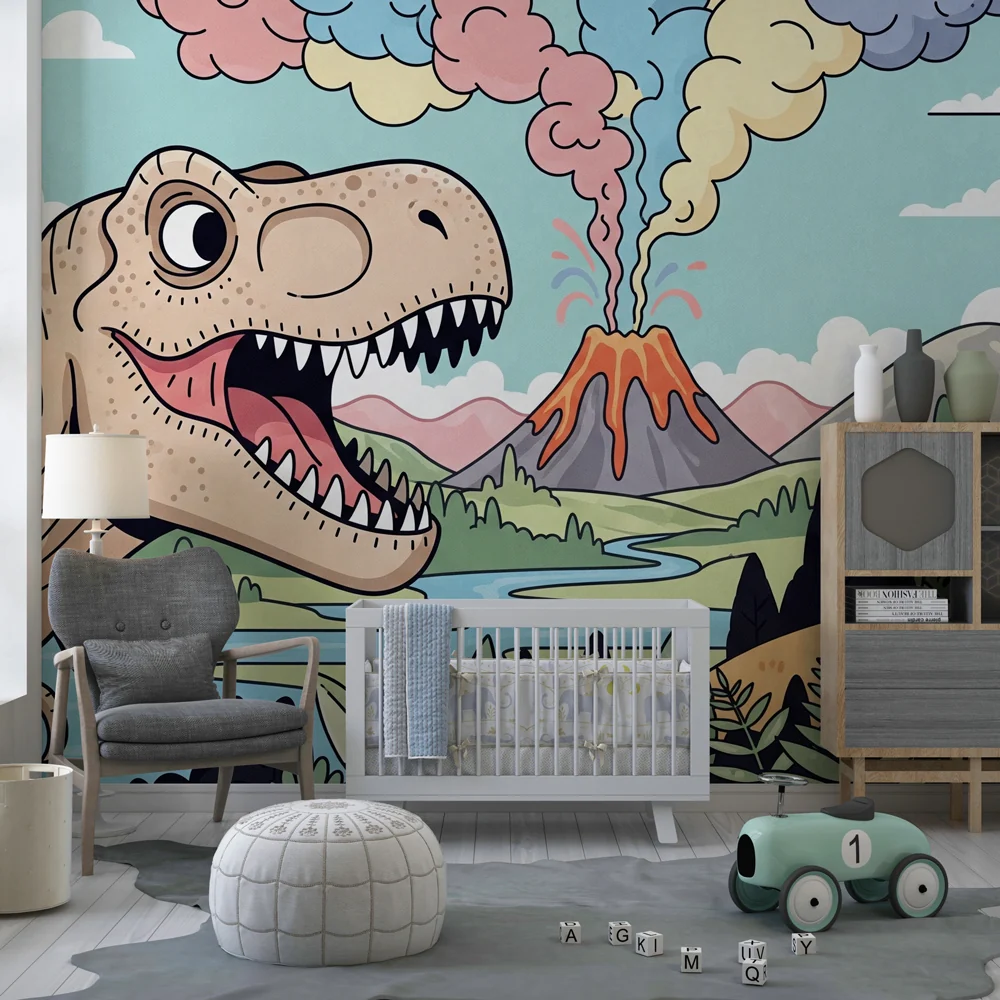 Lastenhuoneen tapetti | T-Rex ja monivärinen tulivuori