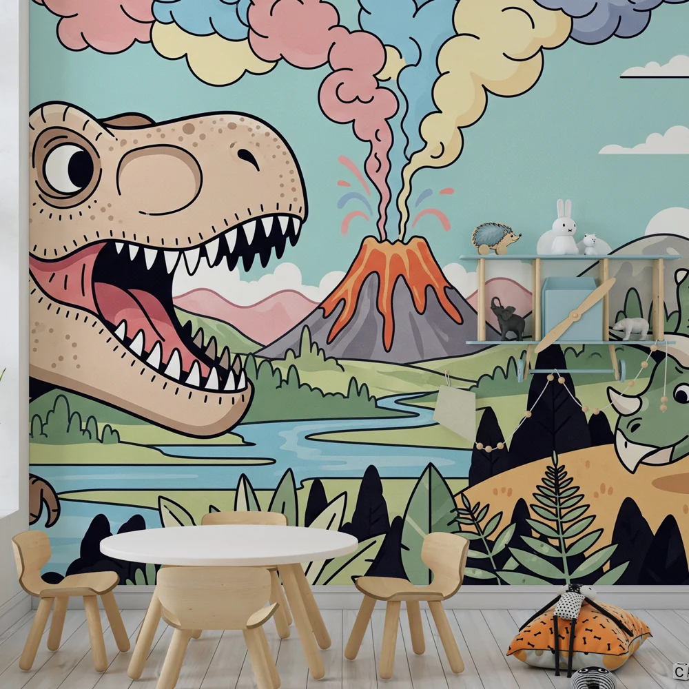 Lastenhuoneen tapetti | T-Rex ja monivärinen tulivuori