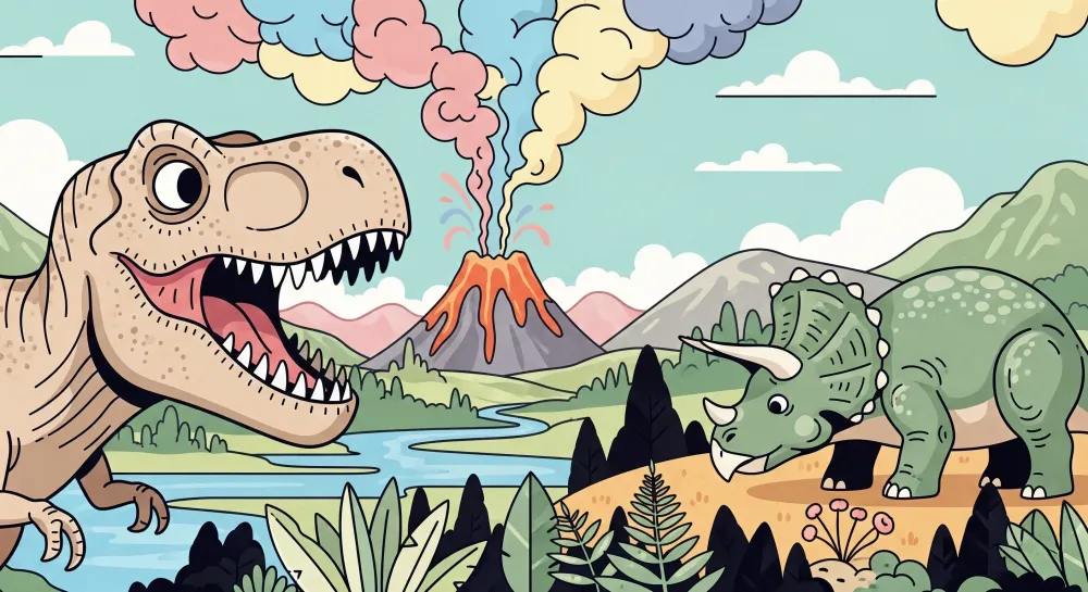 Lastenhuoneen tapetti | T-Rex ja monivärinen tulivuori