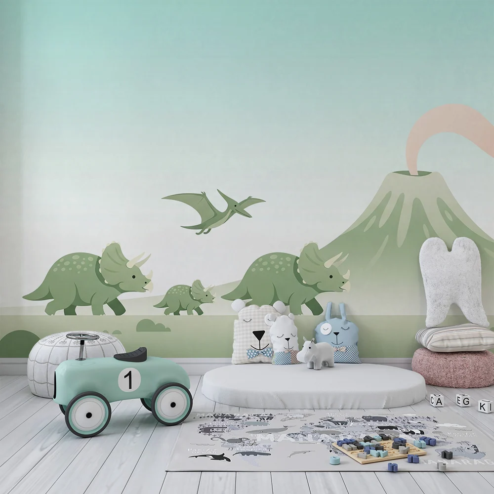 Lastenhuoneen tapetti | Triceratops-dinosauruksen ja purkautuvan tulivuoren kuva