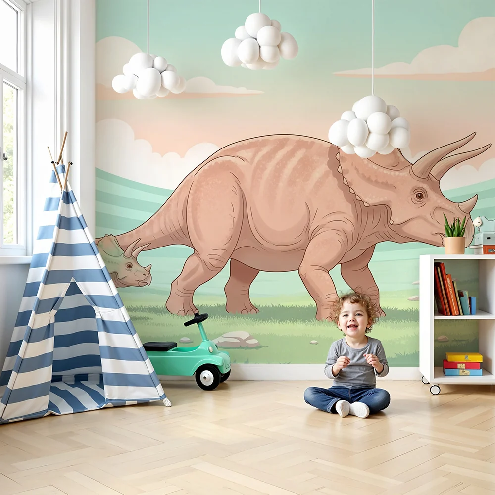 Lastenhuoneen tapetti | Triceratops-dinosauruksen ja sen pienen lapsen maisemassa esiintyvä dinosaurustapetti