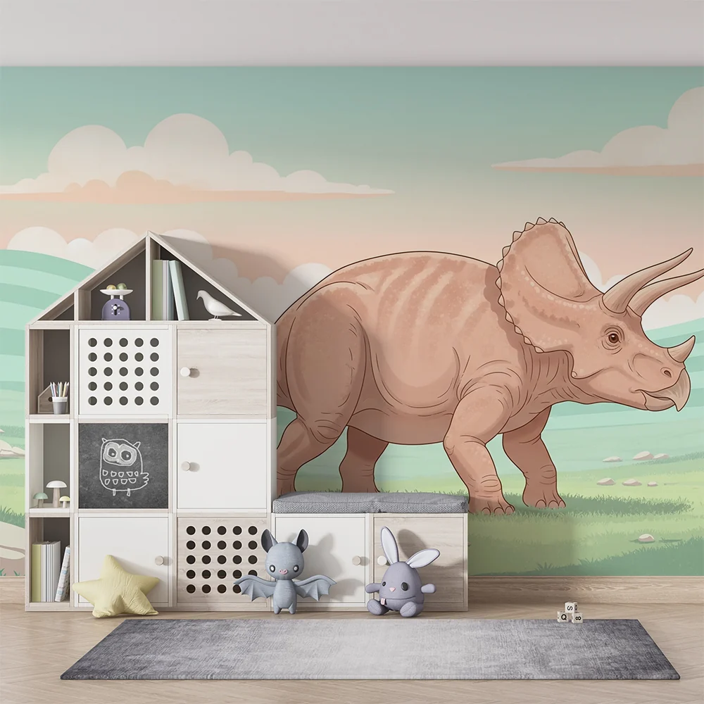 Lastenhuoneen tapetti | Triceratops-dinosauruksen ja sen pienen lapsen maisemassa esiintyvä dinosaurustapetti