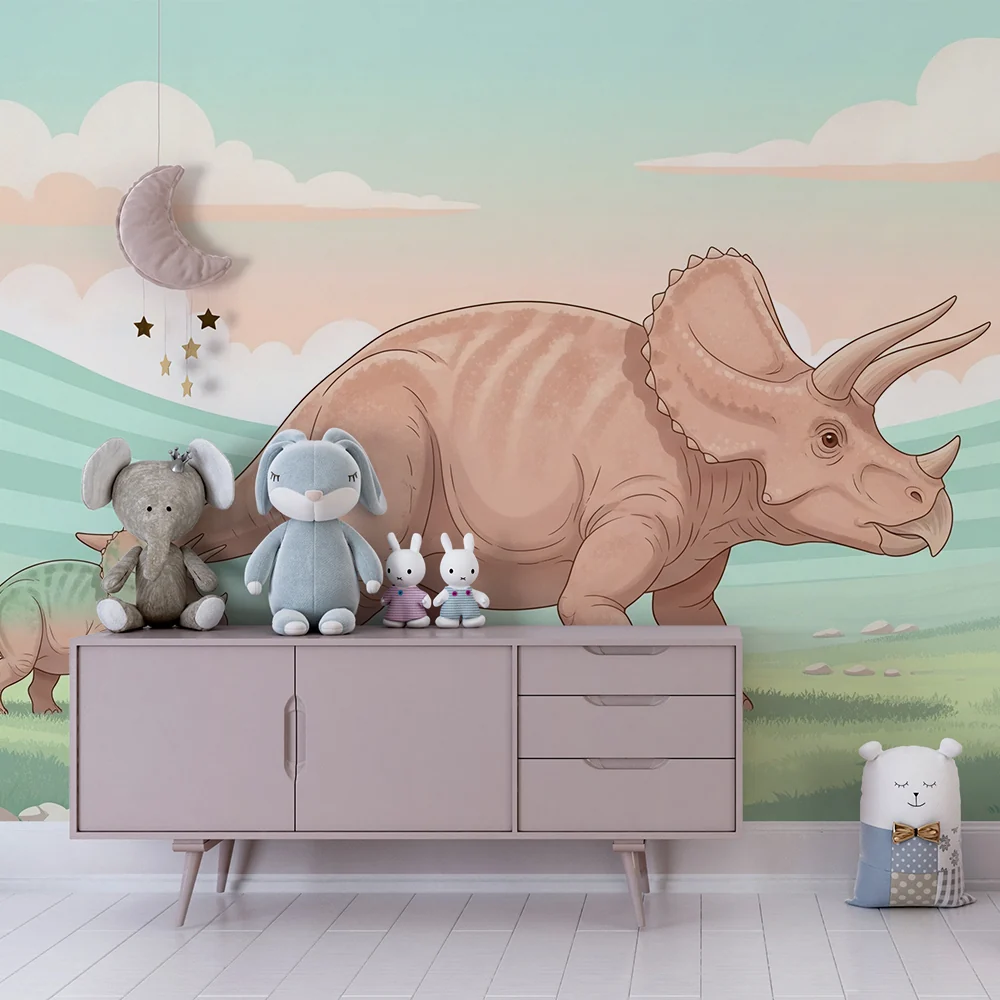 Lastenhuoneen tapetti | Triceratops-dinosauruksen ja sen pienen lapsen maisemassa esiintyvä dinosaurustapetti