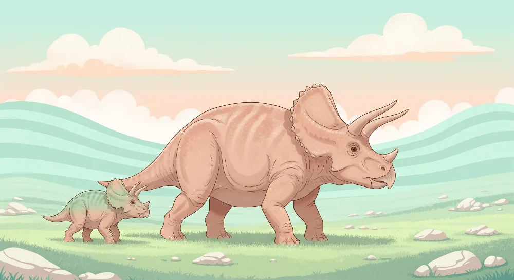 Lastenhuoneen tapetti | Triceratops-dinosauruksen ja sen pienen lapsen maisemassa esiintyvä dinosaurustapetti