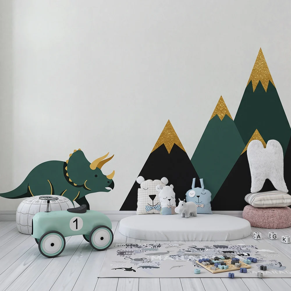 Lastenhuoneen tapetti | Triceratops-dinosaurusten ja tyylitellyn vuoriston tapetti