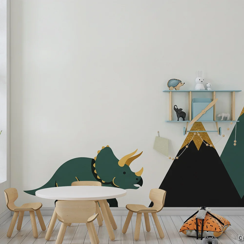Lastenhuoneen tapetti | Triceratops-dinosaurusten ja tyylitellyn vuoriston tapetti
