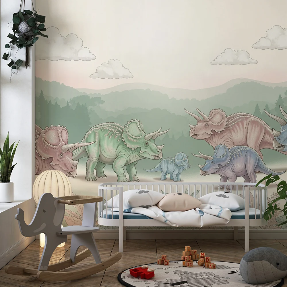 Lastenhuoneen tapetti | Triceratops-perhe pehmeässä esihistoriallisessa maisemassa