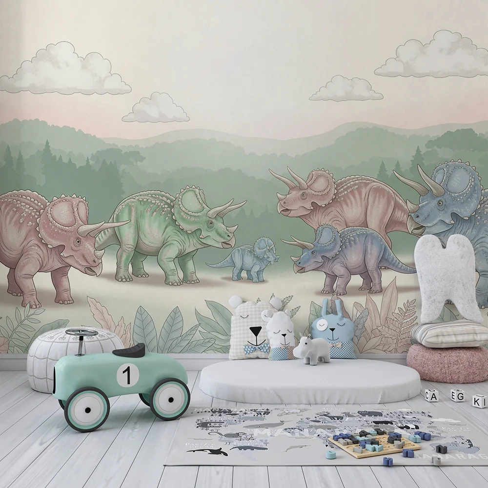 Lastenhuoneen tapetti | Triceratops-perhe pehmeässä esihistoriallisessa maisemassa