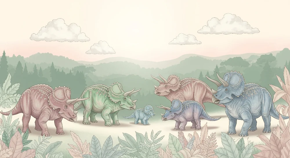 Lastenhuoneen tapetti | Triceratops-perhe pehmeässä esihistoriallisessa maisemassa