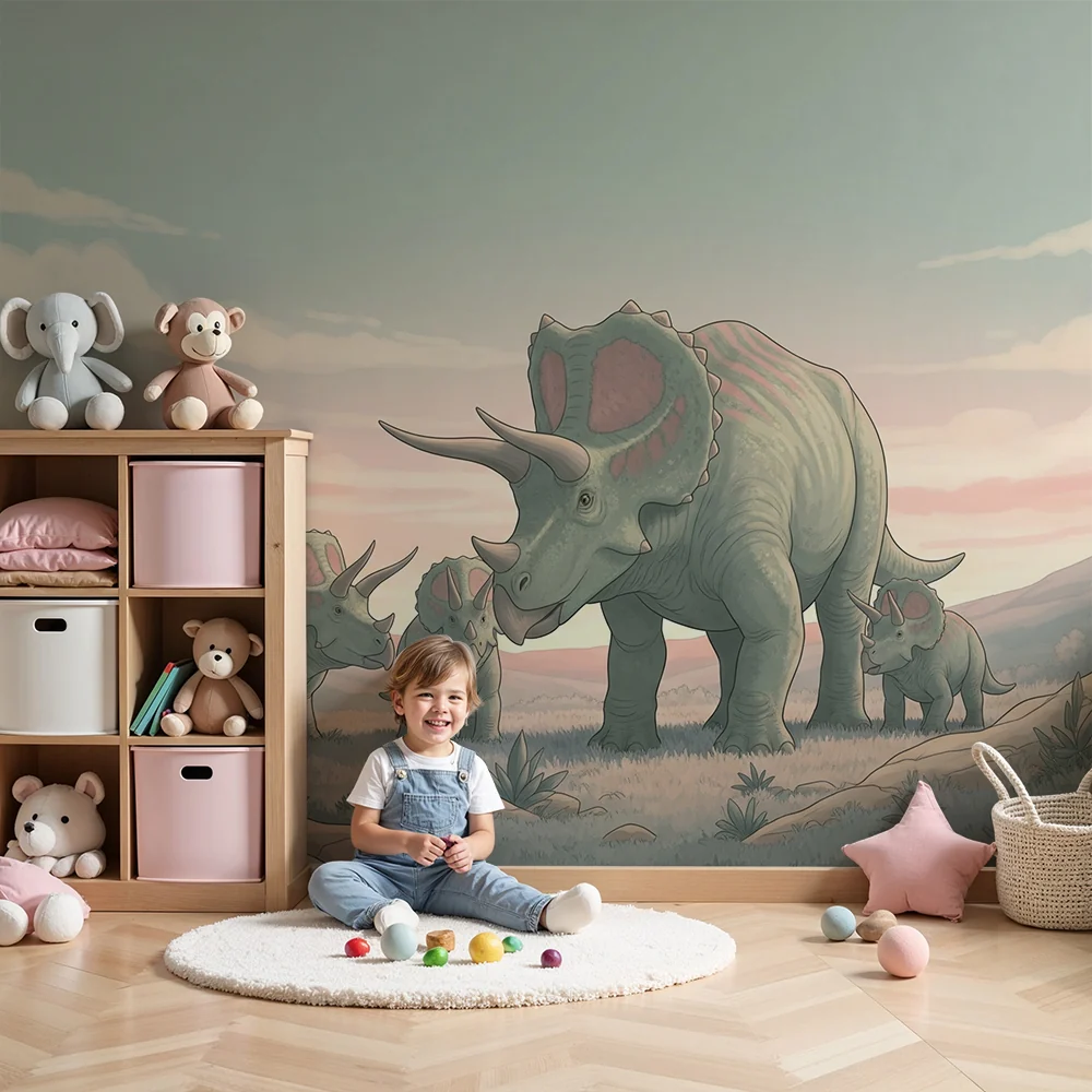 Lastenhuoneen tapetti | Triceratops-perhe rauhoittavassa esihistoriallisessa maisemassa