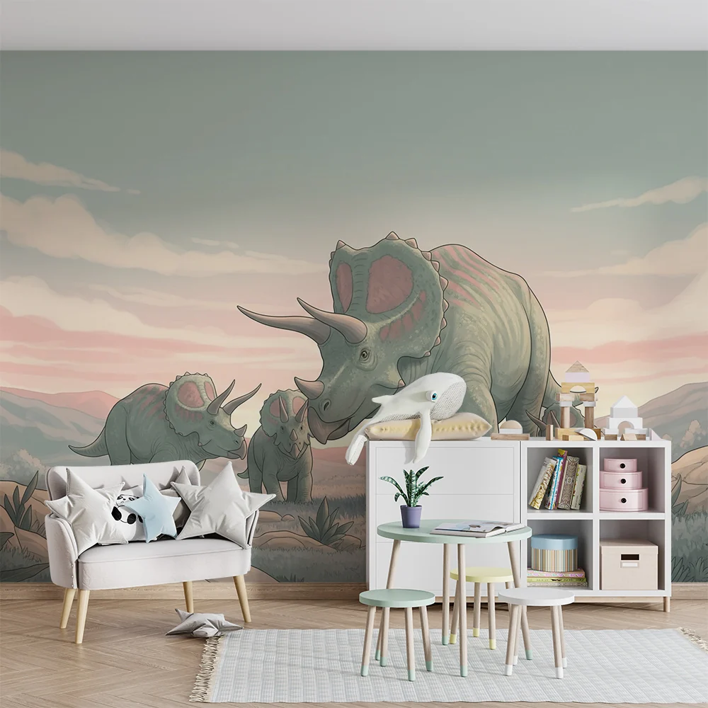 Lastenhuoneen tapetti | Triceratops-perhe rauhoittavassa esihistoriallisessa maisemassa