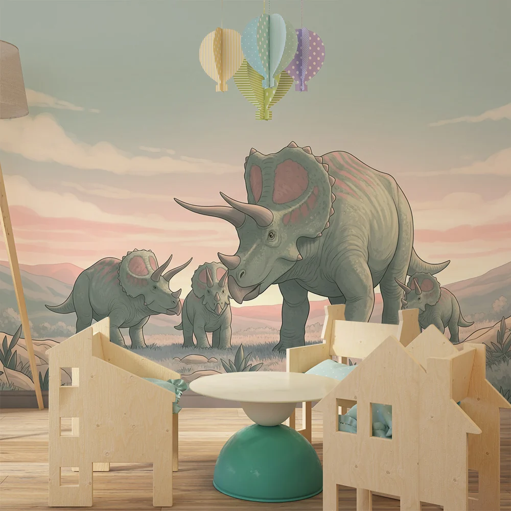 Lastenhuoneen tapetti | Triceratops-perhe rauhoittavassa esihistoriallisessa maisemassa