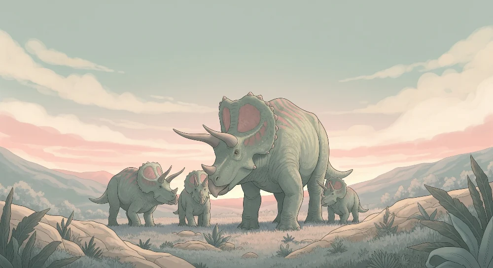 Lastenhuoneen tapetti | Triceratops-perhe rauhoittavassa esihistoriallisessa maisemassa