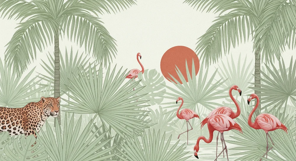 Lastenhuoneen tapetti | Trooppinen viidakko flamingojen ja leopardien kanssa