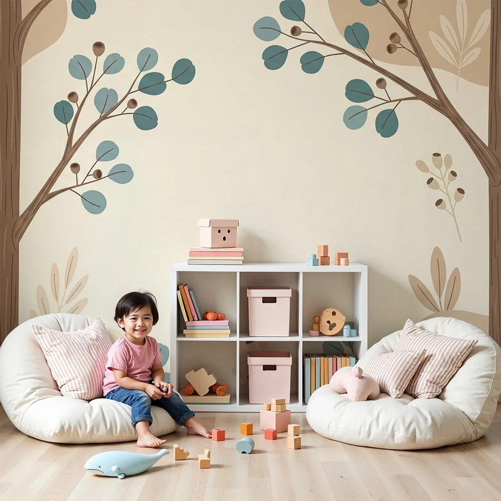 Lastenhuoneen tapetti | Tyyliteltyjä puita ja pehmeää lehvistöä rauhoittavissa sävyissä