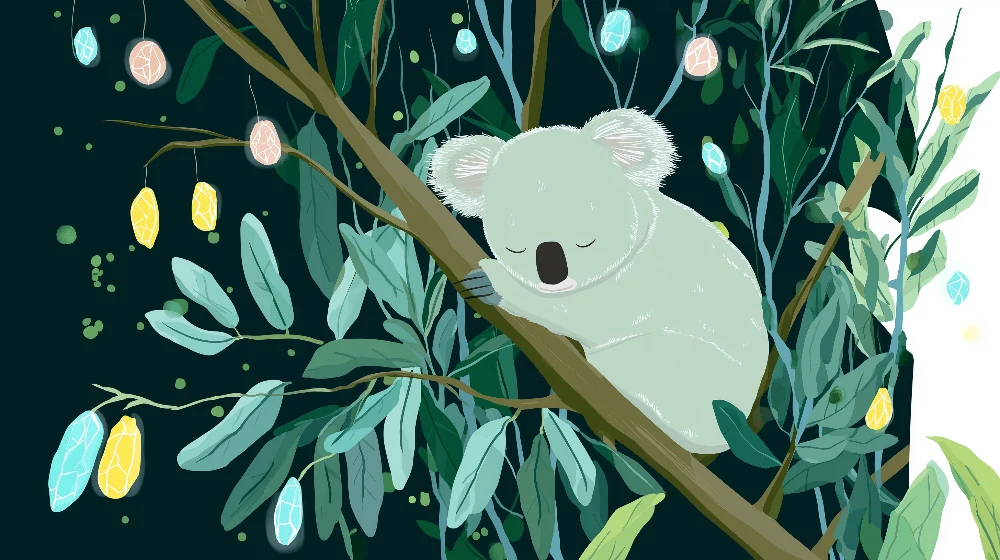 Lastenhuoneen tapetti | Unessa oleva koala yöllisessä kasvillisuudessa