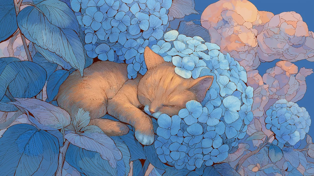 Lastenhuoneen tapetti | Uninen kissanpentu sinisten hydrangeakukkien keskellä