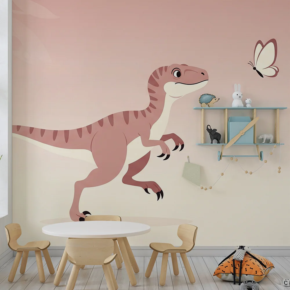 Lastenhuoneen tapetti | Utelias dinosaurus ja perhonen lempeässä ympäristössä