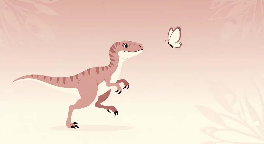 Lastenhuoneen tapetti | Utelias dinosaurus ja perhonen lempeässä ympäristössä