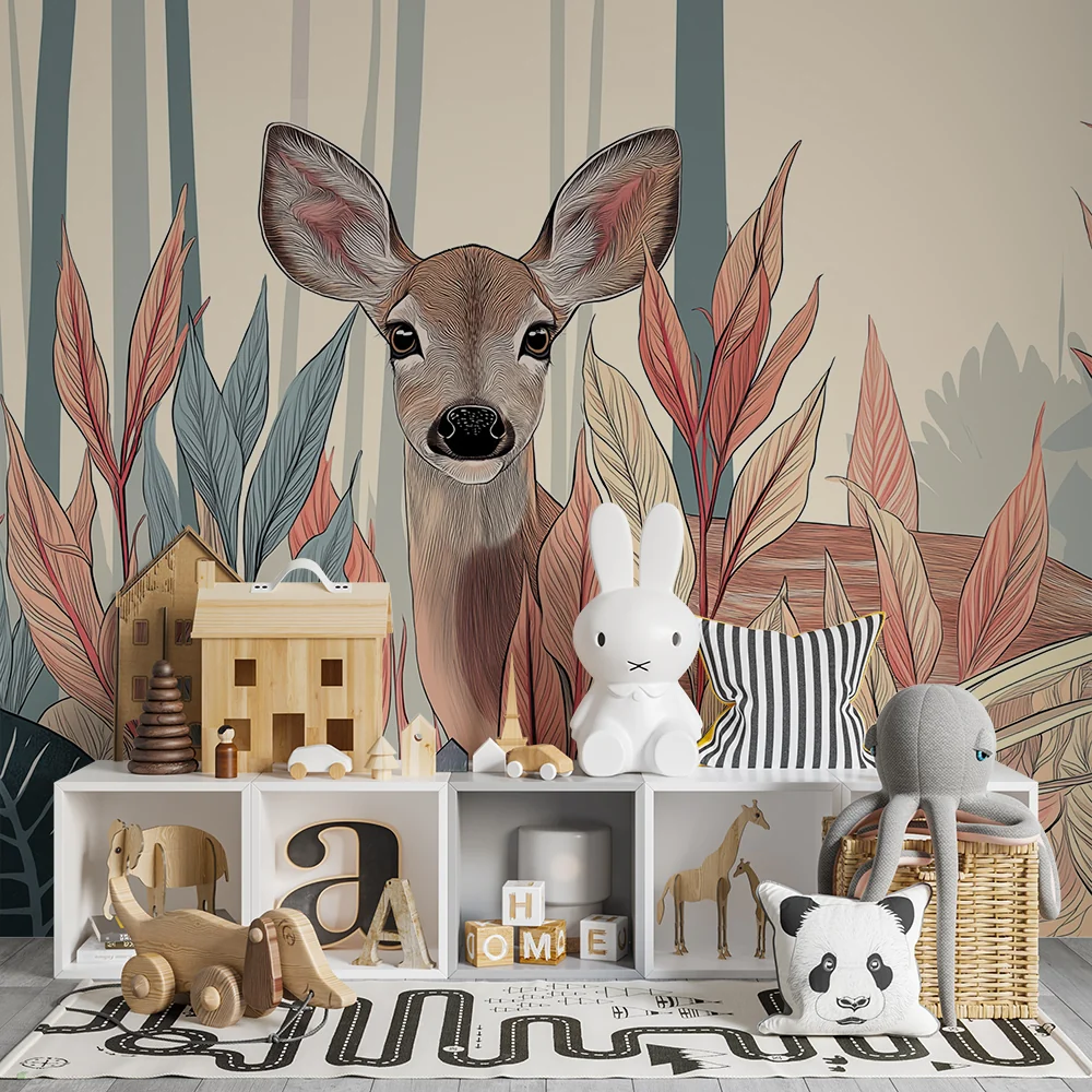 Lastenhuoneen tapetti | Utelias hirvi keskellä värikästä metsää
