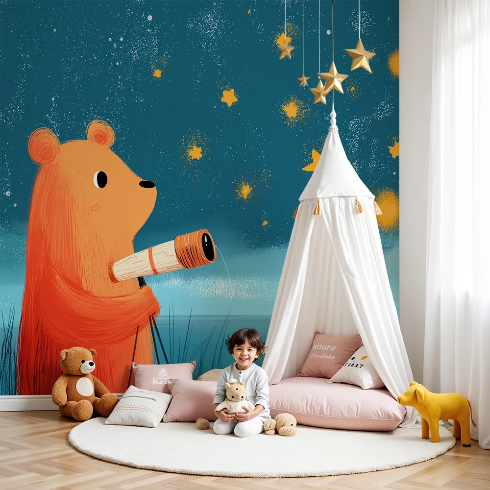 Lastenhuoneen tapetti | Utelias karhu tarkkailee tähtiä
