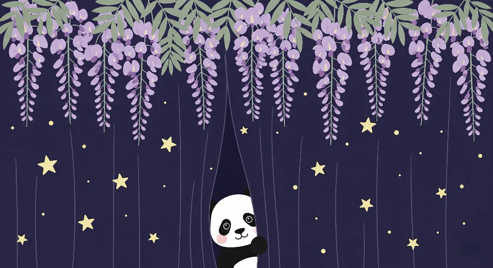 Lastenhuoneen tapetti | Utelias panda kukkien ja tähtien alla