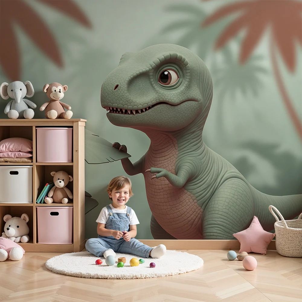 Lastenhuoneen tapetti | Utelias pieni dinosaurus trooppisessa viidakossa