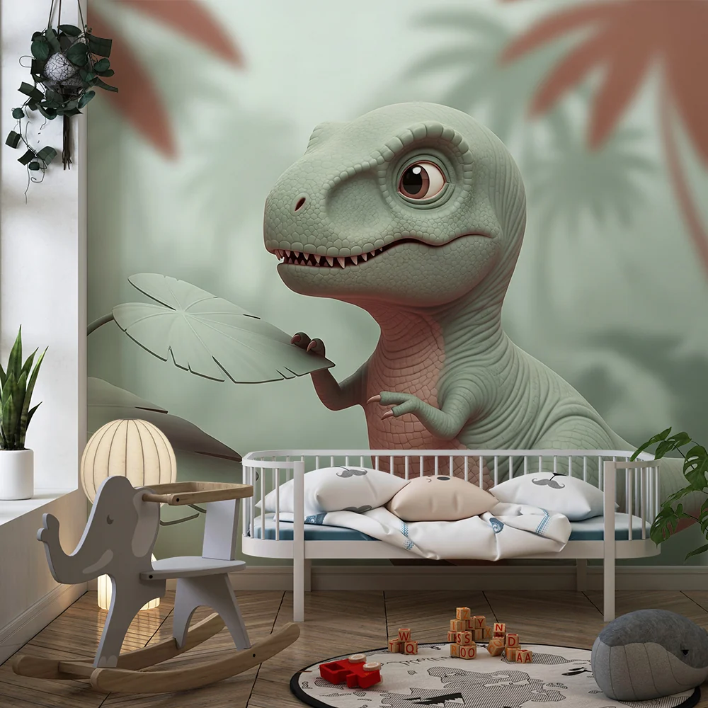 Lastenhuoneen tapetti | Utelias pieni dinosaurus trooppisessa viidakossa