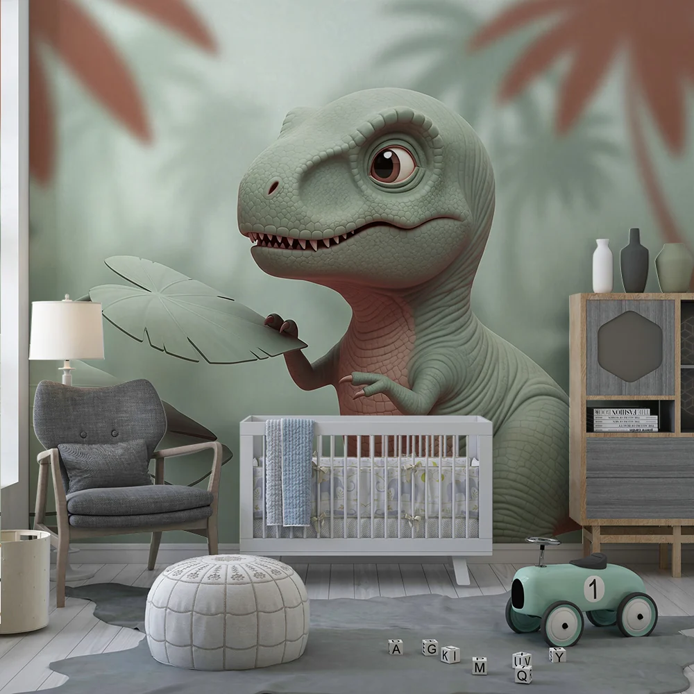 Lastenhuoneen tapetti | Utelias pieni dinosaurus trooppisessa viidakossa