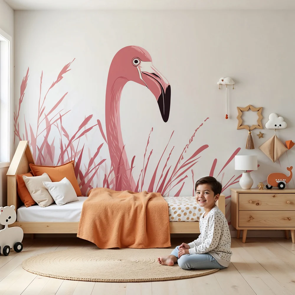 Lastenhuoneen tapetti | Vaaleanpunainen flamingo pehmeiden ruohojen keskellä