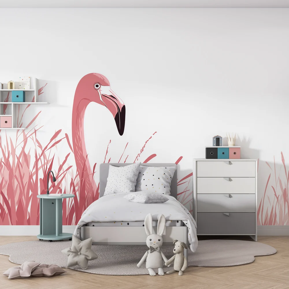 Lastenhuoneen tapetti | Vaaleanpunainen flamingo pehmeiden ruohojen keskellä