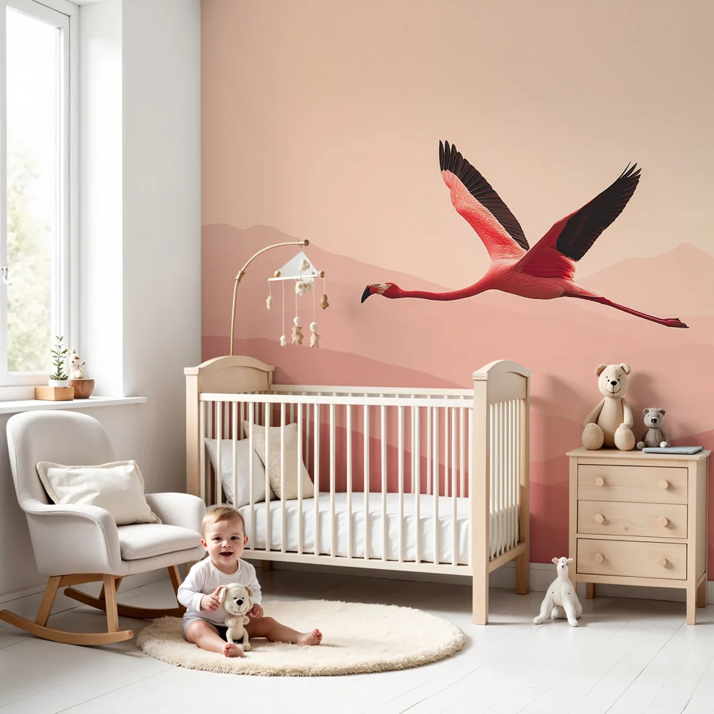 Lastenhuoneen tapetti | Vaaleanpunainen flamingo pehmeiden vuorten taustalla