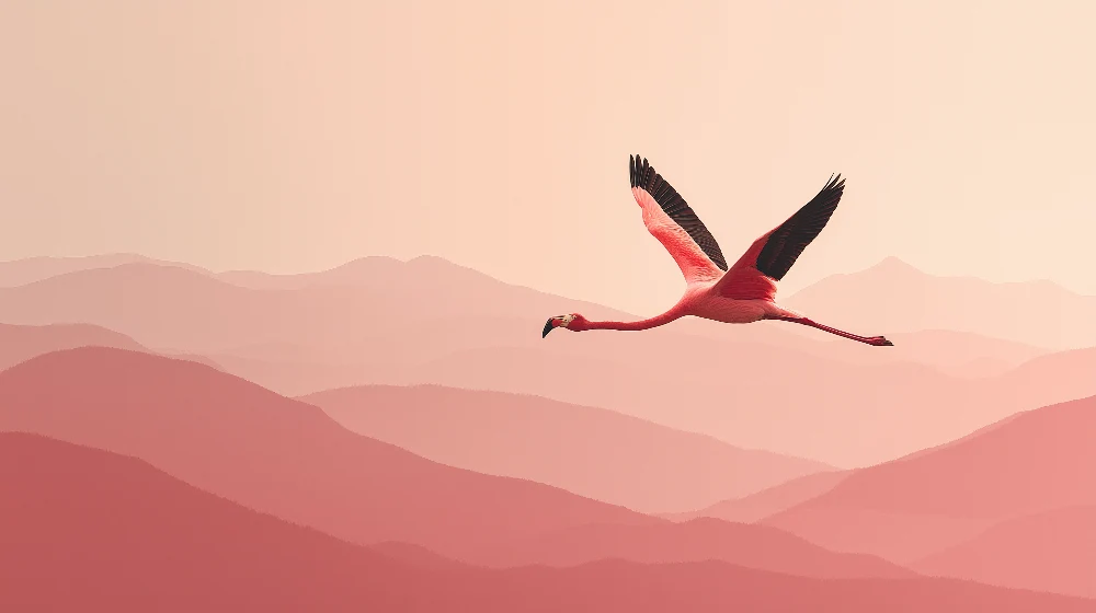 Lastenhuoneen tapetti | Vaaleanpunainen flamingo pehmeiden vuorten taustalla