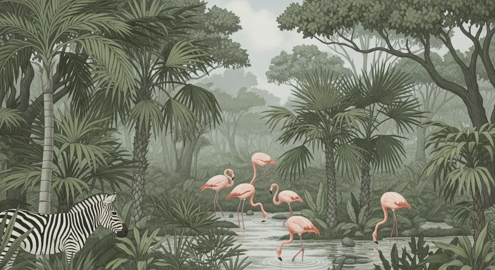 Lastenhuoneen tapetti | Vaaleanpunaiset flamingot ja vihreä viidakko seepralla