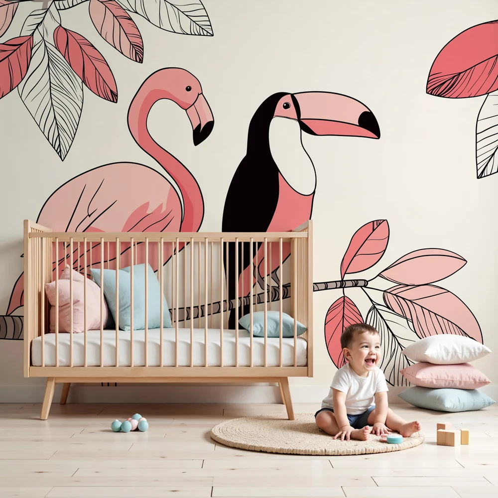 Lastenhuoneen tapetti | Vaaleanpunaiset flamingot ja värikkäät tukaanit