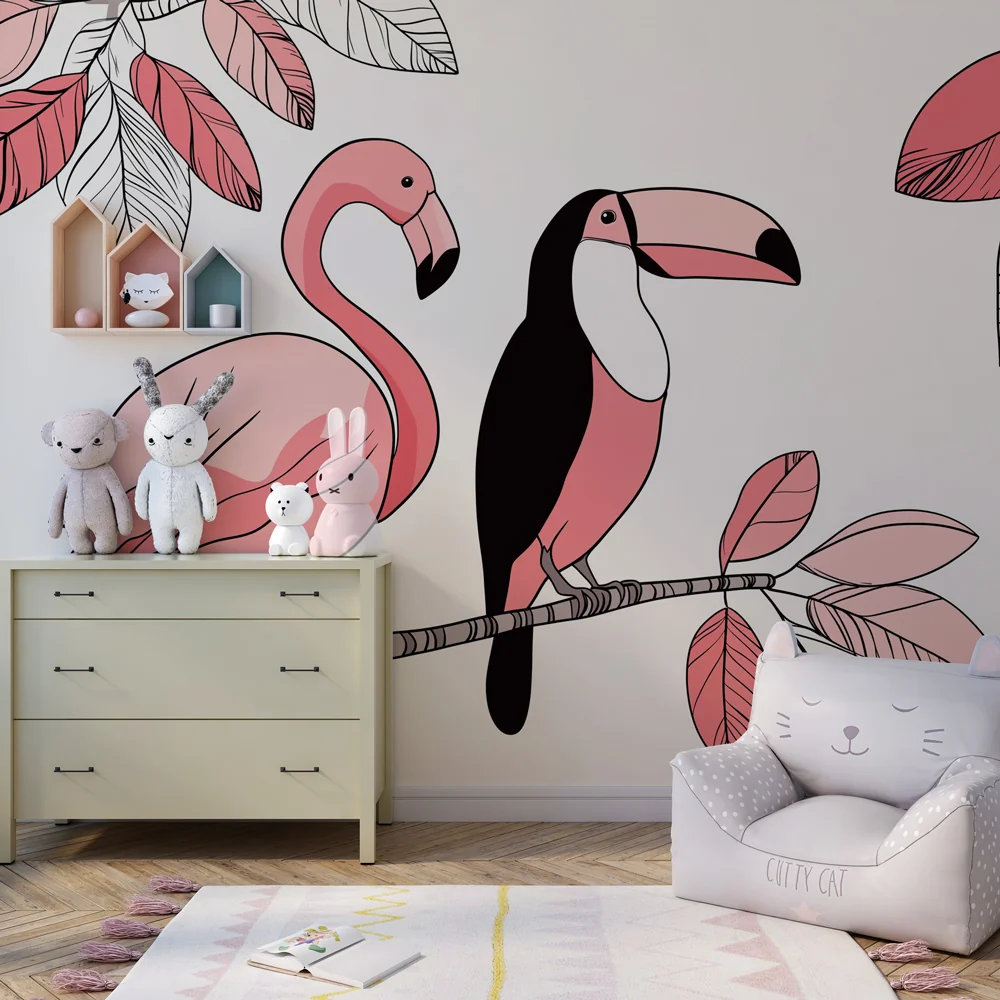 Lastenhuoneen tapetti | Vaaleanpunaiset flamingot ja värikkäät tukaanit